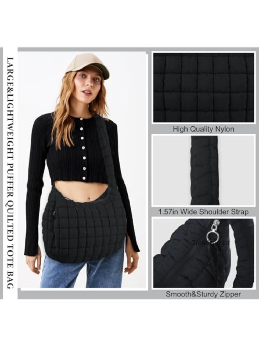 Quilted Puffer Tote Bag Nylon Crossbody Shoulder Hobo Bag Lightweight Large - Picture 2 of 6